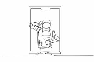 continuo uno línea dibujo astronauta en línea aptitud entrenador. astronauta con pesas en teléfono pantalla. formación vía Internet vídeo llamar. cosmonauta exterior espacio. soltero línea diseño vector ilustración