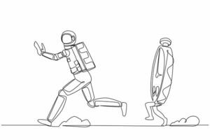 Continuous one line drawing young astronaut being chased by stopwatch. Afraid in project spaceship measurement and deadline. Cosmonaut outer space. Single line draw graphic design vector illustration