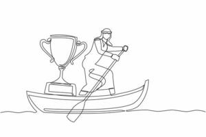 Single continuous line drawing Arabian businessman sailing away on boat with trophy. Sailing world championship award. Winning water sport competition one line draw graphic design vector illustration