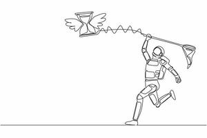 Single continuous line drawing astronaut try to catching flying hourglass with butterfly net. Stress and deadlines work in space company. Cosmonaut deep space. One line draw design vector illustration