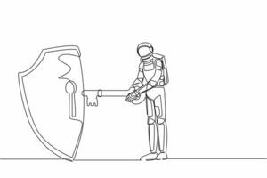 Single continuous line drawing of young astronaut put key into shield. Internet security and data protection in spaceship exploration. Cosmonaut deep space. One line design vector graphic illustration