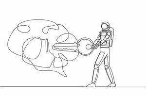 Continuous one line drawing young astronaut putting key into brain in moon surface. Unlock spaceman personality for better healthy. Cosmonaut outer space. Single line draw design vector illustration