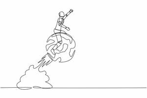 Single continuous line drawing of robot riding sphere globe rocket flying in sky. Global business expansion. Future technology development. Artificial intelligence. One line design vector illustration