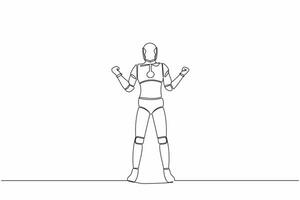 Continuous one line drawing of happy robot standing with both hands yes gesture. Humanoid cybernetic organism. Future robotic industry development. Single line draw graphic design vector illustration