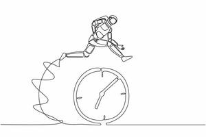 Single continuous line drawing astronaut jumping over clock. Time management and scheduling in space expedition. Work effectiveness. Cosmonaut deep space. One line graphic design vector illustration