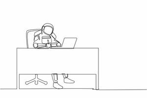 Continuous one line drawing astronaut writing and sitting in front of laptop at working desk. Planning for spaceship expedition. Cosmonaut outer space. Single line graphic design vector illustration