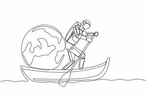 Continuous one line drawing young astronaut sailing away on boat with globe. Exploration mission journey across planets. Cosmonaut outer space concept. Single line design vector graphic illustration