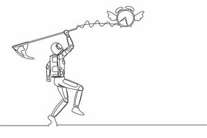 Single one line drawing astronaut try to catching flying alarm clock with butterfly net. Spaceship exploration with deadlines. Cosmic galaxy space. Continuous line graphic design vector illustration