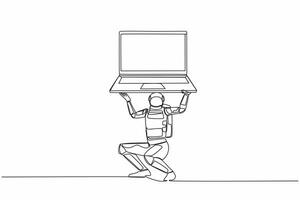 Single continuous line drawing astronaut carrying heavy laptop computer on his back. Fatigue or burnout work at space industry. Cosmonaut deep space. One line draw design vector graphic illustration