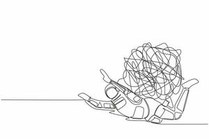 Continuous one line drawing young astronaut under heavy messy line burden. Anxiety from space company difficulty, economic crisis problem. Cosmonaut outer space. Single line design vector illustration