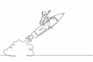 Single continuous line drawing robot riding pencil rocket flying in the sky. Tech education and creativity. Future technology development. Artificial intelligence. One line design vector illustration