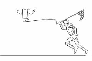 Continuous one line drawing young astronaut try to catch flying smartphone with butterfly net. Communication or gadget in space control. Cosmonaut outer space. Single line design vector illustration