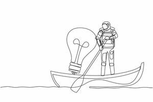 Single one line drawing young astronaut sailing away on boat with light bulb. Vision and innovation in galactic mission. Cosmic galaxy space concept. Continuous line design graphic vector illustration