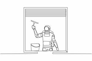 Single one line drawing young astronaut cleaning windows with bucket, glass cleaner tools in moon surface. Cosmic galaxy space concept. Modern continuous line draw design graphic vector illustration