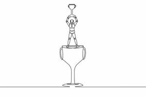 Single one line drawing robot standing above big trophy and lifting up winner cup. Celebrating his tech business award. Artificial intelligence process. Continuous line draw design vector illustration