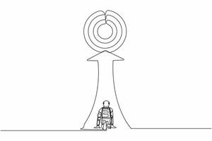 Continuous one line drawing back view astronaut ready to run to big target board at end of route. Future space tech development. Cosmonaut outer space. Single line graphic design vector illustration