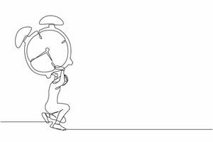 Continuous one line drawing Arabian businessman carrying heavy alarm clock on his back. Tired worker with work pressure or business project target. Single line draw design vector graphic illustration