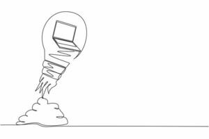 Single one line drawing laptop launching with light bulb. Business project startup, financial planning, idea development process, strategy, management. Continuous line draw design vector illustration