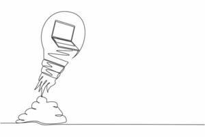 Single one line drawing laptop launching with light bulb. Business project startup, financial planning, idea development process, strategy, management. Continuous line draw design vector illustration