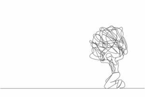 Single one line drawing frustrated businesswoman carrying heavy messy line on her back. Anxiety from work difficulty, overload, economic crisis problem. Continuous line draw design vector illustration