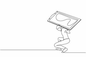 Single one line drawing exhausted businessman carrying heavy clipboard on his back. Productivity and time management problem. Deadline checklist board. Continuous line draw design vector illustration