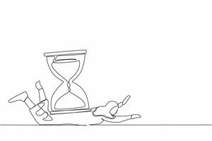 Single continuous line drawing of Arabian businesswoman under heavy hourglass burden. Unhappy office clerk has time management problems. Work overload. One line draw graphic design vector illustration