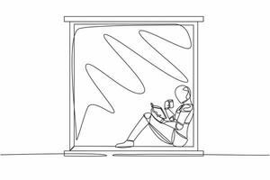 Continuous one line drawing robot on windowsill with cup of hot coffee or tea, reading book. Enjoying a day in window. Humanoid robot cybernetic organism. Single line draw design vector illustration