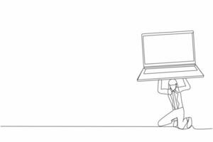 Continuous one line drawing frustrated businesswoman carrying heavy laptop computer on her back. Fatigue and tired employee. Boring worker, burnout at work. Single line draw design vector illustration