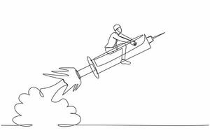 Single continuous line drawing of businessman riding syringe rocket flying in the sky. Concept of boosting health, vaccines, viruses, medicine. Dynamic one line draw graphic design vector illustration