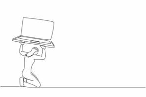 Continuous one line drawing Arabian businessman carry heavy laptop computer on his back. Exhausted worker due to work pressure, burnout at office. Single line draw design vector graphic illustration