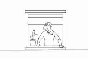 Continuous one line drawing curious Arab businessman looking outside window. Stay at home during coronavirus covid-19. Man with a plant watching out the window. Single line design vector illustration