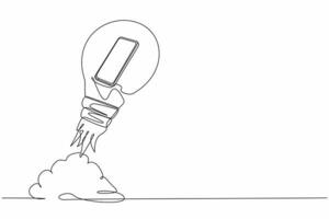 Continuous one line drawing of smartphone launching with light bulb. Successful business project start up, boost technology, innovation strategy release. Single line design vector graphic illustration