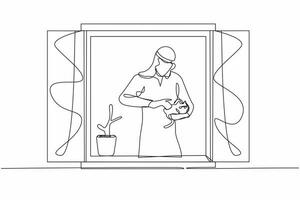 Continuous one line drawing Arab man with plant holding cat and looking through window. Stay home during pandemic. Coronavirus quarantine isolation warning. Single line draw design vector illustration