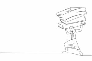 Single continuous line drawing frustrated businesswoman carrying pile of paper folder on her back. Tired worker with amount of work. Worker swamped with paperwork. One line design vector illustration