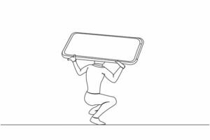 Continuous one line drawing exhausted businessman carrying heavy smartphone on his back. Depression, fatigue, mental stress, frustration due to overworked. Single line draw design vector illustration