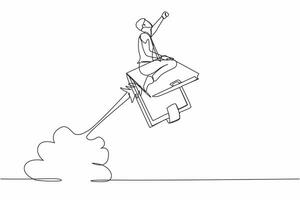 Single one line drawing businessman riding wallet rocket flying in the sky. Achievements in professional financial activities. Prosperous entrepreneur. Continuous line draw design vector illustration