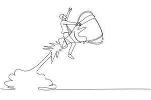 Single one line drawing businessman riding trophy rocket flying in the sky. Improve business ability to win competition. Achievement goals concept. Continuous line design graphic vector illustration