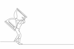 Continuous one line drawing frustrated businesswoman carrying hourglass on her back. Office worker with deadline problem. Schedule of business task. Single line draw design vector graphic illustration