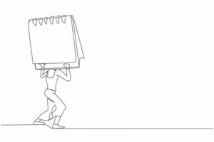 Single continuous line drawing frustrated businesswoman carrying heavy calendar on her back. Tired worker daily problem. Stressful job with deadline. One line draw graphic design vector illustration