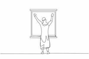Single continuous line drawing back view relaxed Arabian man stretching arms in window after good night sleep. Good morning concept. Male standing at window. One line draw design vector illustration