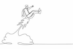 Single one line drawing of businessman riding office chair rocket flying in the sky. Boost your career development, job promoted to higher position. Continuous line design graphic vector illustration