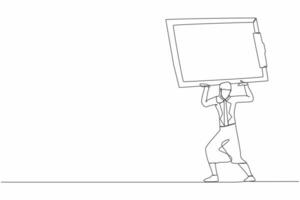 Continuous one line drawing of frustrated businesswoman carrying clipboard on her back. Busy work with checklist document, overworked due to overload tasks. Single line draw design vector illustration