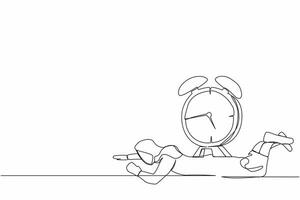 Single one line drawing Arabian businesswoman under heavy alarm clock burden. Pressure to complete work deadlines. Stressed worker because lot of work. Continuous line draw design vector illustration