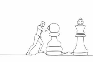 Continuous one line drawing intellect businessman push huge pawn chess piece to beat king. Strategic thinking and smart move in business play game. Single line draw design vector graphic illustration