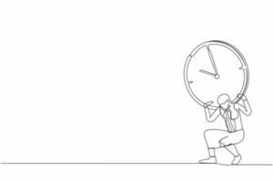 Single one line drawing frustrated businesswoman carrying heavy clock on her back. Stressed complete work within deadline and timeline. Work under pressure. Continuous line draw design graphic vector