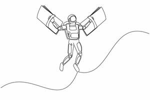 Single one line drawing astronaut fly with banknote wings. Financial freedom before doing spaceship expedition. Future tech development. Cosmic galaxy space. Continuous line design vector illustration