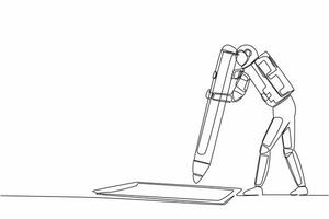 Single continuous line drawing of young astronaut standing near big checklist and fills out questionnaire with pencil in moon surface. Cosmonaut deep space. One line graphic design vector illustration