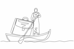 Single continuous line drawing Arab businesswoman standing in boat and sailing with briefcase. Success male manager on summer vacation. Escape from routine. One line graphic design vector illustration