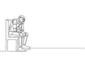 Single continuous line drawing of depressed astronaut hold his head sitting on chair. Regret on galactic journey mission mistake. Cosmonaut deep space. One line draw graphic design vector illustration