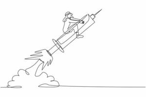 Continuous one line drawing active Arabian businessman riding syringe rocket flying in sky. Concept of boosting health, vaccines, viruses, medicine. Single line draw design vector graphic illustration